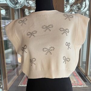 Rhinestone Bow Embellished Cream Sweater by Mable SZ M